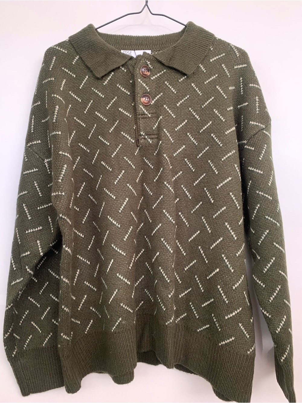 Olive Green Knit Polo Sweater with Contrast Stitching